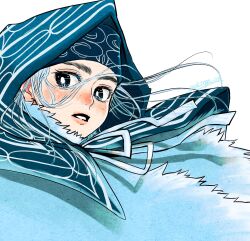 Rule 34 | 1girl, ainu, asirpa, blue hair, blue headband, blue theme, blush, cloak, close-up, dctroo 08, floating hair, fur cloak, golden kamuy, headband, highres, hood, long hair, looking to the side, neck ribbon, parted lips, pink lips, ribbon, simple background, solo, white background
