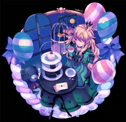 Rule 34 | 1girl, a hat in time, animated, animated gif, balloon, bird, birdcage, blonde hair, cage, cake, closed mouth, crown, dress, elbow gloves, envelope, food, glitch, gloves, glowing, glowing eyes, green dress, green gloves, hair over eyes, hat kid, kanpachi999, long hair, plate, queen vanessa, signature, sitting, smile, solo, stuffed animal, stuffed toy, table, tea, teddy bear, wavy hair, wax seal, window