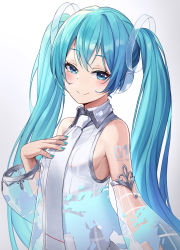 Rule 34 | 1girl, aqua eyes, aqua hair, aqua nails, bare shoulders, bib (bibboss39), blouse, blue hair, blush, breasts, closed mouth, collared shirt, commentary, detached sleeves, dress, english commentary, eyebrows hidden by hair, gradient neckwear, grey shirt, hand on own chest, hatsune miku, highres, long hair, long sleeves, looking at viewer, nail polish, necktie, number tattoo, see-through, see-through dress, see-through sleeves, shirt, sideboob, simple background, sleeveless, sleeveless shirt, smile, solo, standing, tattoo, twintails, upper body, vocaloid, white background, white necktie, wide sleeves