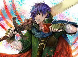 Rule 34 | 1boy, blue hair, cape, eating, fingerless gloves, fire emblem, fire emblem: path of radiance, fire emblem: radiant dawn, food, gloves, holding, holding sword, holding weapon, ike (fire emblem), looking at viewer, male focus, nintendo, solo, sword, techitoni, weapon