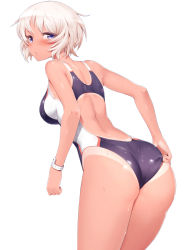 Rule 34 | 1girl, adjusting clothes, adjusting swimsuit, ass, back cutout, backless outfit, blue eyes, blush, breasts, clothing cutout, competition swimsuit, cowboy shot, leaning forward, m-da s-tarou, medium breasts, one-piece swimsuit, one-piece tan, original, short hair, simple background, solo, swimsuit, tan, tanline, wet, white background, wristband