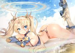 Rule 34 | 1girl, arched back, armored boots, ass, bare shoulders, bikini, blonde hair, blue bikini, blue eyes, blue gloves, blue sky, blush, boots, bradamante (fate), bradamante (third ascension) (fate), braid, breasts, cleavage, closed mouth, day, elbow gloves, fate/grand order, fate (series), feet up, gloves, hair between eyes, hair ornament, halo, legs, light particles, long hair, looking at viewer, lying, medium breasts, on stomach, sky, smile, solo, swimsuit, teddy (khanshin), thighs, thong bikini, twintails, white bikini