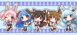 Rule 34 | 5girls, ;d, absurdly long hair, anchor print, animal ears, arm up, black footwear, black gloves, black hair, black skirt, black socks, blue eyes, blue footwear, blue hair, blue ribbon, blue sailor collar, blue skirt, blush, bow, brown eyes, brown footwear, brown hair, cat ears, cat girl, cat tail, clenched hands, closed mouth, commentary request, dog ears, dog girl, dog tail, elbow gloves, fingerless gloves, fox ears, fox girl, fox tail, fubuki (kancolle), gloves, gradient hair, hair between eyes, hair bow, hands on own hips, hands up, head tilt, headgear, highres, inazuma (kancolle), kantai collection, kemonomimi mode, kneehighs, komakoma (magicaltale), loafers, long hair, looking at viewer, multicolored hair, multiple girls, murakumo (kancolle), neckerchief, one eye closed, open mouth, outstretched arm, panties, pantyhose, pink eyes, pink hair, pleated skirt, rabbit ears, rabbit girl, rabbit tail, red neckerchief, ribbon, sailor collar, samidare (kancolle), sazanami (kancolle), school uniform, serafuku, shirt, shoes, short hair, short sleeves, skirt, sleeveless, sleeveless shirt, smile, socks, squirrel ears, squirrel girl, squirrel tail, standing, standing on one leg, tail, thighhighs, twintails, underwear, v, very long hair, white panties, white shirt, white skirt