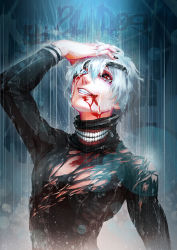 Rule 34 | 10s, 1boy, arm up, black nails, black sclera, blood, blood on face, blue eyes, bodysuit, colored sclera, crying, crying with eyes open, eyepatch, hair over one eye, heterochromia, kaneki ken, male focus, mask, nail polish, rain, red eyes, short hair, skin tight, smile, solo, sundog1991, tears, tokyo ghoul, torn clothes, unzipped, white hair, zipper