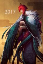 Rule 34 | 1girl, 2017, bad id, bad pixiv id, bird legs, bird tail, brown background, chinese zodiac, cross, crossed legs, egasumi, eyelashes, eyeliner, feathered wings, from side, full body, japanese clothes, makeup, monster girl, nengajou, new year, original, parted lips, profile, red hair, red lips, senda satoru, sitting, solo, tail, winged arms, wings, year of the rooster