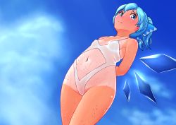 Rule 34 | 1girl, alternate costume, alternate hairstyle, arms behind back, bare shoulders, blue eyes, blue hair, blue ribbon, blue sky, blue theme, blue wings, blush, breasts, cameltoe, cirno, closed mouth, clothing cutout, cloud, collarbone, covered erect nipples, cowboy shot, day, dutch angle, embarrassed, female focus, hair ribbon, ice, ice wings, katsura dendou, looking at viewer, matching hair/eyes, navel, navel cutout, nose blush, one-piece swimsuit, one-piece tan, outdoors, ponytail, ribbon, see-through, shiny skin, short hair, sky, small breasts, solo, standing, stomach, sweat, swimsuit, tan, tanline, tanned cirno, touhou, wet, wet clothes, wet swimsuit, white one-piece swimsuit, wings