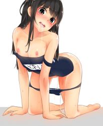 Rule 34 | 1girl, all fours, arm support, black hair, blush, breasts, chitose yui, clothes pull, kneeling, long hair, looking at viewer, miko neko production, off shoulder, one-piece swimsuit, one-piece swimsuit pull, purple one-piece swimsuit, pussy juice, saliva, school girl strikers, simple background, solo, swimsuit, wet, white background
