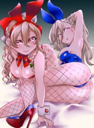 Rule 34 | 2girls, all fours, alternate costume, animal ears, blonde hair, blue footwear, blue leotard, bow, bowtie, braid, breasts, brown eyes, detached collar, fishnet pantyhose, fishnets, french braid, hair between eyes, high heels, kantai collection, large breasts, leotard, long hair, looking at viewer, lying, mole, mole under eye, mole under mouth, multiple girls, on side, pantyhose, playboy bunny, purple eyes, rabbit ears, rabbit tail, red bow, red bowtie, red leotard, richelieu (kancolle), strapless, strapless leotard, tail, udukikosuke, wavy hair, wrist cuffs, zara (kancolle)