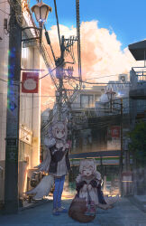 Rule 34 | 2girls, :3, absurdres, advarcher, animal ear fluff, animal ears, black jacket, blonde hair, blue footwear, blue hair, blue hairband, blue pantyhose, blue sky, blue thighhighs, breasts, building, cellphone, city, closed eyes, closed mouth, cloud, cloudy sky, commentary, convenience store, day, dog, dog ears, dog girl, dog tail, dress, english commentary, familymart, full body, fur-trimmed jacket, fur trim, fuwawa abyssgard, fuwawa abyssgard (1st costume), hairband, highres, holding, holding phone, hololive, hololive english, jacket, lamppost, large breasts, long hair, long sleeves, mococo abyssgard, mococo abyssgard (1st costume), morning, multicolored hair, multiple girls, open mouth, outdoors, pantyhose, phone, pink eyes, pink footwear, pink hair, pink hairband, power lines, scenery, shibuya (tokyo), shirt, shoes, shop, short dress, short hair, siblings, single leg pantyhose, single thighhigh, sisters, sky, smartphone, smile, sneakers, squatting, standing, streaked hair, tail, taking picture, thighhighs, tokyo (city), twins, utility pole, virtual youtuber, white dress, white pantyhose, white shirt, wide shot