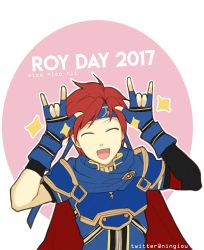 Rule 34 | 1boy, \m/, ^ ^, armor, blue eyes, cape, closed eyes, fingerless gloves, fire emblem, fire emblem: the binding blade, gloves, headband, highres, looking at viewer, love live!, male focus, nico nico nii, nintendo, open mouth, outline, pink background, red hair, roy (fire emblem), simple background, smile, sparkle, yazawa nico