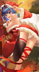 Rule 34 | 1girl, absurdres, antlers, artist name, asymmetrical legwear, bare shoulders, blue hair, breasts, christmas, christmas present, christmas tree, cleavage, commentary, detached sleeves, english commentary, fang, gift, hair intakes, hat, high heels, highres, hololive, hololive english, horns, indoors, kuraodo 0, large breasts, looking at viewer, mismatched legwear, open mouth, ouro kronii, panties, red footwear, reindeer antlers, santa costume, santa hat, single horn, skin fang, solo, underwear, v, virtual youtuber