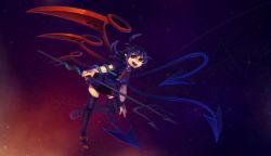 Rule 34 | 1girl, absurdres, ami2, asymmetrical hair, asymmetrical wings, black dress, black hair, black thighhighs, blue wings, bow, dress, fang, floating, footwear bow, highres, holding, holding weapon, houjuu nue, looking at viewer, night, night sky, open mouth, polearm, red bow, red eyes, red footwear, red wings, shoes, short dress, short sleeves, sky, snake, solo, star (sky), teeth, thighhighs, touhou, trident, weapon, wings, zettai ryouiki
