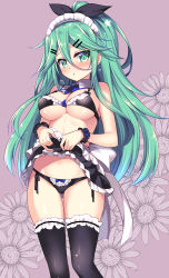 Rule 34 | 1girl, adapted costume, apron, bikini, black panties, black thighhighs, blush, breasts, cleavage, clothes lift, commentary, flower, green eyes, green hair, hair between eyes, hair ornament, hairclip, highres, kantai collection, large breasts, lifting own clothes, long hair, looking at viewer, maid, maid bikini, maid headdress, medium breasts, open mouth, panties, ponytail, purple background, revision, ringo sui, side-tie panties, skirt, skirt lift, solo, sunflower, swimsuit, thighhighs, unconventional maid, underboob, underwear, yamakaze (kancolle)