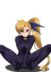 Rule 34 | 1girl, black bodysuit, blonde hair, blush, bodysuit, breasts, closed mouth, hair ornament, hair ribbon, heterochromia, highres, large breasts, long hair, looking at viewer, lyrical nanoha, mahou shoujo lyrical nanoha strikers, mahou shoujo lyrical nanoha vivid, ponytail, ribbon, simple background, skin tight, smile, solo, spread legs, tappa (esperanza), vivio, white background
