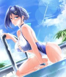 Rule 34 | 1girl, absurdres, bikini, blue eyes, blue hair, bracelet, day, hair intakes, highres, hololive, hololive english, jewelry, looking at viewer, o-ring, o-ring bikini, ouro kronii, pool, short hair, solo, sunlight, swimsuit, the raineman, virtual youtuber, water, wet