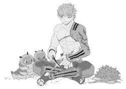 Rule 34 | 1boy, abs, branch, carving, caterpillar, commentary request, emiya shirou, fate/grand order, fate (series), full body, greyscale, holding, holding knife, holding weapon, igote, indian style, knife, leaf, limited/zero over, matsuno (mat8k), monochrome, muscular, muscular male, senji muramasa (fate), simple background, sitting, smile, spiked hair, weapon, white background