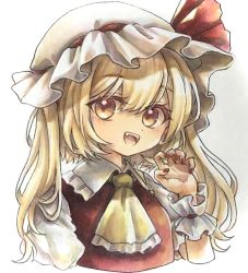 Rule 34 | 1girl, alternate hairstyle, ascot, blonde hair, bow, claw pose, flandre scarlet, frilled shirt collar, frilled sleeves, frills, hair between eyes, hat, hat ribbon, highres, hisako (6anmbblfnjueeff), medium hair, mob cap, nail polish, puffy short sleeves, puffy sleeves, red bow, red nails, red ribbon, red vest, ribbon, shirt, short sleeves, solo, touhou, traditional media, two side up, upper body, vest, white background, white hat, white shirt, wrist cuffs, yellow ascot