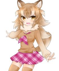 Rule 34 | 10s, 1girl, :d, animal ears, arm at side, blush, breast pocket, brown eyes, brown hair, brown sailor collar, brown shirt, brown thighhighs, collared shirt, contrapposto, cowboy shot, fang, fur collar, gradient clothes, gradient eyes, gradient hair, hicoten, index finger raised, japanese wolf (kemono friends), kemono friends, light brown hair, long hair, long sleeves, looking at viewer, multicolored eyes, multicolored hair, neckerchief, open mouth, pink neckerchief, pink skirt, plaid, plaid neckerchief, plaid skirt, pleated skirt, pocket, pointing, puffy sleeves, sailor collar, school uniform, serafuku, shirt, simple background, skirt, sleeve cuffs, smile, solo, standing, tail, thighhighs, tsurime, wavy hair, white background, wolf ears, wolf tail, zettai ryouiki