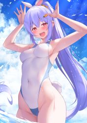 Rule 34 | 1girl, :d, armpits, blue hair, blue sky, breasts, carrot hair ornament, cloud, competition swimsuit, covered navel, day, food-themed hair ornament, hair between eyes, hair ornament, hands up, highleg, highleg swimsuit, highres, hololive, long hair, looking at viewer, medium breasts, one-piece swimsuit, open mouth, partially submerged, ponytail, rabbit tail, red eyes, short eyebrows, sky, smile, solo, swimsuit, tail, thick eyebrows, thighs, usada pekora, very long hair, virtual youtuber, water, white one-piece swimsuit, yoshiheihe