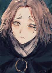 Rule 34 | 1girl, black cloak, blush, brown hair, cloak, closed mouth, elden ring, highres, looking at viewer, melina (elden ring), meme, monotone ink, one eye closed, portrait, pout, signature, solo, upturned eyes, yellow eyes