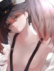 Rule 34 | 1girl, areola slip, breasts, brown eyes, brown hair, closed mouth, hair between eyes, hat, highres, kantai collection, lips, long hair, looking at viewer, open clothes, open shirt, ruohire9, ryuujou (kancolle), shirt, simple background, small breasts, solo, suspenders, twintails, upper body, visor cap, white background