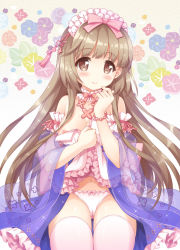 Rule 34 | 1girl, bare shoulders, bead bracelet, beads, blush, bow, bow panties, bracelet, breasts, brown eyes, brown hair, cameltoe, closed mouth, commentary request, detached sleeves, fingernails, frilled shirt, frilled skirt, frills, head tilt, idolmaster, idolmaster cinderella girls, idolmaster cinderella girls starlight stage, jewelry, long hair, long sleeves, looking at viewer, medium breasts, nipples, panties, pink bow, purple skirt, sakura chidori, shirt, skirt, smile, solo, underwear, very long hair, white panties, white shirt, wide sleeves, yorita yoshino
