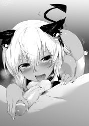 Rule 34 | 10s, 1boy, 1girl, absurdres, animal ears, black rock shooter, breath, caressing testicles, cat ears, censored, demon tail, fellatio, greyscale, hair ornament, hetero, highres, kneeling, lying, m-da s-tarou, male pubic hair, monochrome, on back, open mouth, oral, penis, pubic hair, short hair, strength (black rock shooter), tail, tears, testicles, thighhighs, tongue, tongue out, tsurime, white hair, white thighhighs
