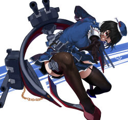 Rule 34 | 1girl, absurdres, ascot, beret, black gloves, black hair, black thighhighs, blue hat, blush, breasts, cannon, garter straps, gegeron, gloves, hat, highres, kantai collection, large breasts, long hair, long sleeves, looking at viewer, machinery, military, military uniform, red eyes, rigging, short hair, signature, skirt, solo, takao (kancolle), thighhighs, turret, uniform, white background