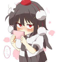 Rule 34 | ..., 1girl, black hair, black skirt, black wings, blush, breasts, chibi, collared shirt, commentary request, covered mouth, dress shirt, hair between eyes, hat, highres, holding, looking at viewer, medium breasts, mini hat, mini wings, pleated skirt, puffy short sleeves, puffy sleeves, red eyes, red hat, shameimaru aya, shirt, short sleeves, simple background, skirt, solo, spoken ellipsis, steam, sweat, totoharu (kujirai minato), touhou, v-shaped eyebrows, white background, white shirt, wings