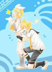 Rule 34 | ^^^, arched back, arm warmers, bare shoulders, blonde hair, blue background, blue eyes, blush, bockdog, bow, brother and sister, collar, detached sleeves, fang, fortissimo, grey collar, grey sleeves, hair bow, hair ornament, hairclip, headphones, hug, kagamine len, kagamine len (vocaloid4), kagamine rin, kagamine rin (vocaloid4), kiss, kissing back, kneeling, leg warmers, midriff, necktie, on one knee, sailor collar, shirt, shorts, siblings, skin fang, sleeveless, sleeveless shirt, surprise kiss, surprised, v4x, vocaloid, waist hug, wide-eyed, yellow necktie