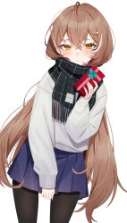 Rule 34 | 1girl, absurdres, ahoge, alternate costume, aotake iro, black pantyhose, black scarf, blue skirt, blush, box, brown eyes, brown hair, enpera, fingernails, gift, gift box, grey sweater, hair down, hair ornament, hairclip, highres, holding, holding gift, hololive, hololive english, long hair, looking at viewer, multicolored hair, nanashi mumei, nervous, pantyhose, pleated skirt, scarf, simple background, skirt, skirt tug, streaked hair, sweat, sweater, tree, valentine, very long hair, virtual youtuber, white background