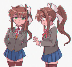 Rule 34 | 1girl, arms behind back, black thighhighs, blazer, blue skirt, brown hair, brown jacket, closed mouth, doki doki literature club, empty eyes, from side, green eyes, hand up, jacket, long hair, looking at viewer, monika (doki doki literature club), ponytail, ribbon, skirt, smile, solo, thighhighs, tsubobot, white ribbon