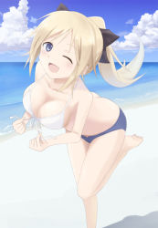 Rule 34 | 1girl, ;d, beach, bikini, blonde hair, blue eyes, breasts, butt crack, cleavage, day, female focus, front-tie top, hide 0, katharine ohare, large breasts, leg up, long hair, one eye closed, open mouth, ponytail, smile, solo, strike witches, strike witches: suomus misfits squadron, swimsuit, world witches series