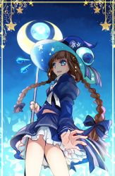 Rule 34 | 1girl, blue background, blue eyes, blush, border, bow, braid, brown hair, cowboy shot, dress, frills, funamusea, hair bow, hat, highres, holding, holding staff, long hair, oounabara to wadanohara, revanche, sailor dress, sidelocks, smile, solo, staff, star (symbol), thighs, twin braids, wadanohara, witch hat
