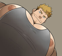 Rule 34 | 1boy, bara, beard stubble, blonde hair, facial hair, foreshortening, grey tank top, huge pectorals, inverted nipples, looking at viewer, looking down, male focus, meme, muscular, muscular male, mustache stubble, nipple slip, nipples, original, pectoral cleavage, pectoral focus, pectorals, photo-referenced, seductive smile, short hair, sidepec, smile, solo, stubble, takezamurai, tank top, thick eyebrows, upper body, v-shaped eyebrows, wrinkled skin, yur oc like this (meme)