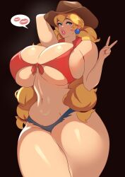 Rule 34 | 1girl, babie fluff, blonde hair, blue eyes, breasts, cleavage, cowboy hat, curvy, earrings, hat, highres, huge breasts, jewelry, lipstick, lipstick mark, long hair, makeup, mario (series), nail polish, navel, nintendo, princess peach, short shorts, shorts, solo, thick thighs, thighs, twintails, v, wide hips