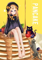 Rule 34 | 1girl, abigail williams (fate), absurdres, bandaid, bandaid on face, bandaid on forehead, bare legs, barefoot, black cat, blonde hair, bloomers, blue eyes, blueberry, cat, english text, fate/grand order, fate (series), feet, food, fruit, hat, highres, legs, oversized food, oversized object, pancake, pancake stack, simple background, sitting, strawberry, syrup, tllky, underwear, yellow background