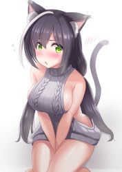 Rule 34 | 1girl, animal ear fluff, animal ears, aran sweater, backless dress, backless outfit, bare shoulders, black hair, blush, breasts, cable knit, cat ears, cat girl, cat tail, dress, fang, grey sweater, hair between eyes, highres, karyl (princess connect!), kibihimi, large breasts, long hair, looking at viewer, low twintails, meme attire, multicolored hair, naked sweater, open mouth, princess connect!, sideboob, simple background, solo, streaked hair, sweater, sweater dress, tail, turtleneck, turtleneck sweater, twintails, v arms, very long hair, virgin killer sweater, white background, white hair