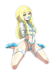 Rule 34 | 1girl, absurdres, arms behind back, ball gag, bdsm, blonde hair, blue footwear, blue panties, blush, bondage, bound, braid, breasts, collar, creatures (company), gag, gagged, game freak, green eyes, harness, high heels, highres, latex, lillie (pokemon), long hair, nintendo, panties, pokemon, pokemon sm, restrained, shiny clothes, shiny skin, shoukin500, slave, small breasts, thick thighs, thighs, thong, underwear