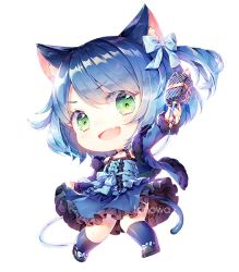Rule 34 | 1boy, :d, animal ears, artist name, blue dress, blue hair, bow, cat ears, cat tail, chibi, commission, dress, frilled dress, frills, fur trim, green eyes, hair bow, hair ornament, holding, holding microphone, jumping, long sleeves, looking at viewer, male focus, microphone, open mouth, ryoune yami, short hair, smile, socks, solo, tail, tonowa, transparent background, trap, utau