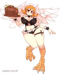 Rule 34 | 1girl, :|, black bra, black panties, blush, bra, breasts, closed mouth, feathered wings, flipped hair, german clothes, harpy, ishuzoku reviewers, large breasts, lingerie, looking at viewer, meidri, monster girl, navel, panties, pen, rtil, solo, thick thighs, thigh gap, thighs, underwear, wings