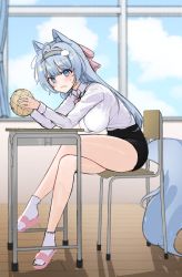 Rule 34 | 1girl, absurdres, ahoge, animal ears, bad id, bad twitter id, bare legs, black skirt, blue eyes, blue hair, bread, breasts, chair, clothing cutout, collared shirt, cream, cream on face, crossed legs, desk, food, food on face, fox ears, fox girl, fox tail, hairband, high-waist skirt, highres, holding, large breasts, lethe (lethe187), long hair, long sleeves, looking at viewer, melon bread, miniskirt, original, school chair, school desk, shirt, shirt tucked in, sitting, skirt, slippers, socks, solo, tail, tail through clothes, taut clothes, taut shirt, thighs, white shirt, white socks
