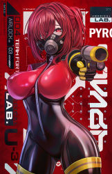 Rule 34 | 1girl, absurdres, bodysuit, breasts, english text, flare gun, gas mask, gun, hair over one eye, highres, holding, holding gun, holding weapon, looking at viewer, mask, nekodayo22, ponytail, pyro (tf2), red eyes, red hair, red pyro (tf2), solo, team fortress 2, weapon