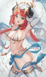 Rule 34 | 1girl, :d, arm up, armpits, ass, bad id, bad twitter id, bare shoulders, bikini, blush, bracer, breasts, brooch, circlet, cowboy shot, crop top, detached sleeves, genshin impact, glint, gold trim, green eyes, harem outfit, high heels, highres, horns, jewelry, large breasts, leg up, long sleeves, looking at viewer, matsumoto mitsuaki, neck ring, nilou (genshin impact), open mouth, parted bangs, red hair, skirt, smile, solo, string bikini, swimsuit, thighhighs, twisted torso, veil, water, white bikini, white headwear, white sleeves, white thighhighs