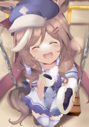 Rule 34 | 1girl, animal ears, baozi, blue hat, brown footwear, brown hair, cabbie hat, closed eyes, ears through headwear, fence, food, hair ornament, hairclip, happy, hat, highres, horse ears, horse tail, loafers, matikane tannhauser (umamusume), medium hair, multicolored hair, open mouth, pov, ribbon, school uniform, shadow, sharing food, shoes, short sleeves, sitting, smile, solo, streaked hair, swing, tail, thighhighs, tonchinkan, tracen school uniform, umamusume, white hair, white thighhighs