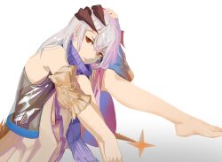 Rule 34 | 1girl, arknights, bare legs, barefoot, closed mouth, commentary, detached sleeves, dragon horns, dragon tail, english commentary, feet, from side, full body, grey background, grey hair, hair between eyes, hand on own head, highres, horns, legs, long hair, looking at viewer, orange eyes, purple sweater, saria (arknights), sedai, see-through, serious, sitting, sleeveless, sleeveless sweater, solo, sweater, tail, toes, turtleneck, turtleneck sweater