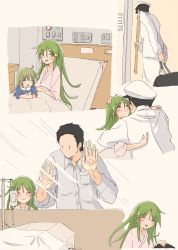Rule 34 | 1boy, 2girls, absurdres, admiral (kancolle), ahoge, bed, commentary, crescent, crescent hair ornament, family, father and daughter, green eyes, green hair, grey shirt, hair ornament, hat, highres, hospital bed, hug, husband and wife, jacket, kantai collection, long hair, long sleeves, military, military hat, military uniform, mother and daughter, multiple girls, nagatsuki (kancolle), po0000000000, shirt, short hair, uniform, white jacket