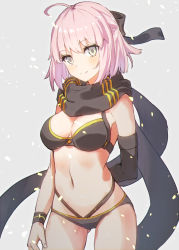 Rule 34 | 1girl, absurdres, ahoge, bare shoulders, bikini, black bikini, black bow, black scarf, bow, breasts, cleavage, commentary request, cowboy shot, fate/grand order, fate (series), gluteal fold, hair bow, half updo, highleg, highleg bikini, highres, looking at viewer, medium breasts, navel, okita j. souji (fate), okita j. souji (first ascension) (fate), okita souji (fate), okita souji (koha-ace), pink hair, scarf, short hair, smile, solo, standing, stomach, swimsuit, thighs, wristband, yellow eyes, yonkumi (gatling033)