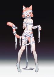 Rule 34 | 1girl, animal ear fluff, animal ears, animal feet, bandage over one eye, bandages, blonde hair, breasts, cat ears, cat girl, cat tail, full body, halloween costume, highres, lingxia, multicolored hair, mummy costume, naked bandage, one eye covered, open mouth, original, outstretched arms, pink hair, red eyes, short hair, small breasts, streaked hair, tail, two-tone hair, zombie pose