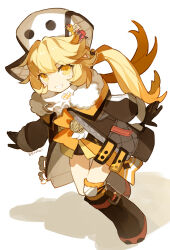 Rule 34 | 1girl, black jacket, blonde hair, boots, bow, bowtie, brown footwear, brown gloves, commentary, cyenmi3, full body, fur trim, gloves, grin, hat, highres, honkai: star rail, honkai (series), hook (honkai: star rail), jacket, knee boots, knee pads, long hair, looking at viewer, open clothes, open jacket, orange bow, orange bowtie, outstretched arms, shadow, sidelocks, smile, solo, spread arms, swept bangs, twintails, twitter username, white hat, yellow eyes